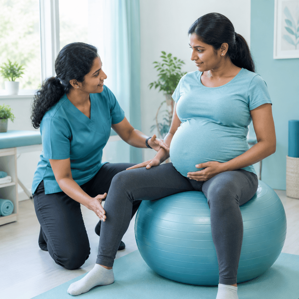 Pregnant woman sitting on exercise ball with healthcare provider in clinic.
